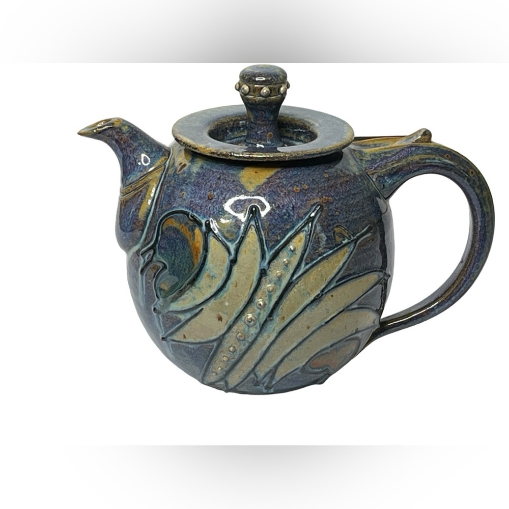 Handmade Stoneware Glazed Blue Rustic Tea Pot With Lid‎ Signed